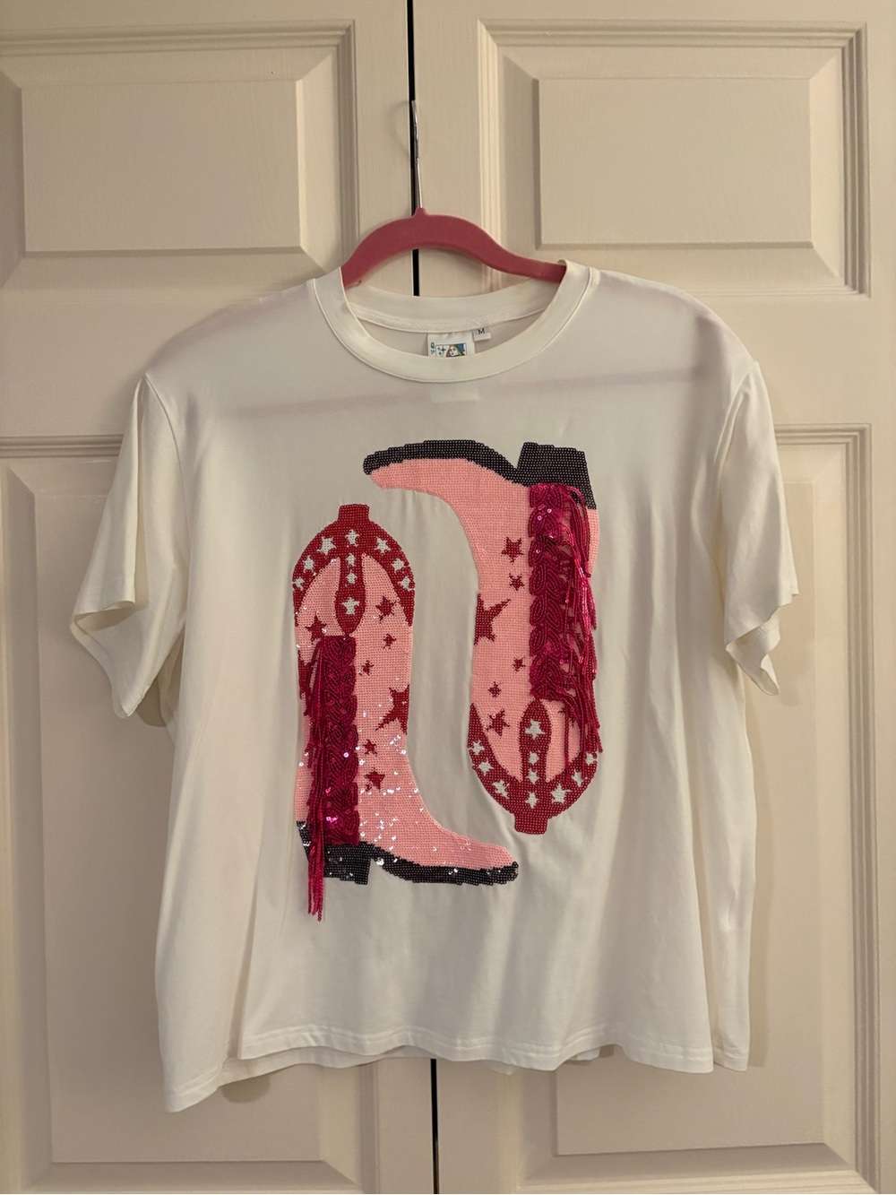 Queen of Sparkles Pink Cowboy Boots Tee, Size M, Good Condition